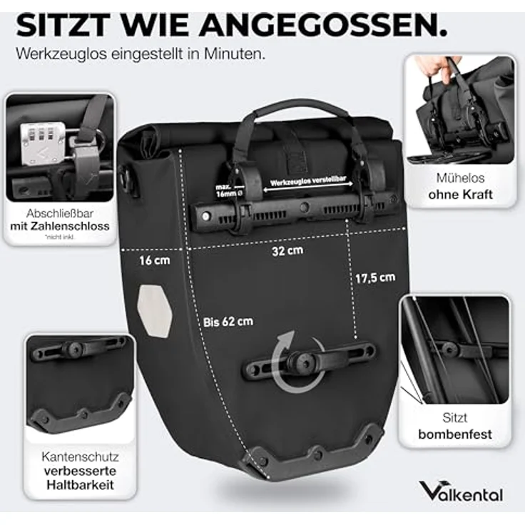 Valkental® Gepäckträgertasche, wasserdicht mit 23-28L Volumen, abschließbar und reflektierend, bombenfester Sitz, mehrfach ausgezeichnet – Bild 3