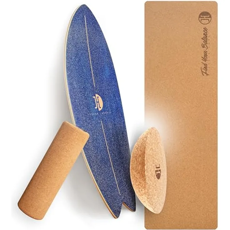 JUCKER HAWAII Balance Board Ocean Rocker Blue - Balanceboard aus 100% Echtholz mit Korkhalbkugel, Korkrolle und Matte - Gleichgewichtstrainer für Kinder und Erwachsene - Surf Balance Board