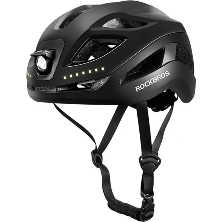 ROCKBROS ZK-077 Fahrradhelm mit integrierter multidirektionaler Beleuchtung, Größe 57–61 cm, Schwarz, stoßdämpfendes Gehäuse, USB-C wiederaufladbar