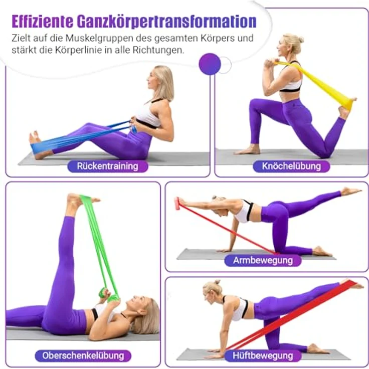 COFOF Gymnastikband 4er-Set mit 4 Widerstandsstufen, Fitnessbänder in Limonengrün, gelb, blau und rot, inkl. Tragetasche & Übungsanleitung – Bild 4