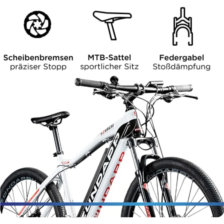 ZÜNDAPP E Mountainbike 650B Hardtail Pedelec 27,5 Zoll Z801 eBike Elektrofahrrad (schwarz/weiß, 48 cm) - Vielseitiges E-Mountainbike für täglichen Einsatz und Geländefahrten, 250W Hinterradmotor, 418Wh Akku, 27,5 Zoll Rahmen, 21 Gang Schaltung, mechanische Scheibenbremsen, einstellbare Federgabel, Aluminium-Slopingrahmen, 27,5" Reifen, ergonomische Griffe, schaumstoffgepolsterter Sattel, vormontiert, Sattelhöhe einstellbar - Preisvergleich – Bild 4