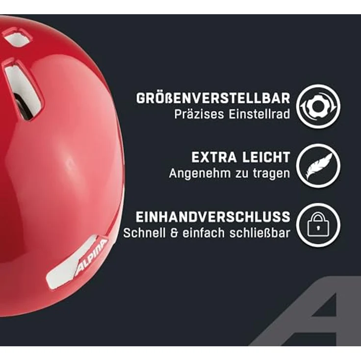 ALPINA Hackney, leichter und bruchfester Fahrradhelm für Kinder, optimal klimatisiert mit nachrüstbarem LED, red Gloss, S (47-51 cm) – Bild 3