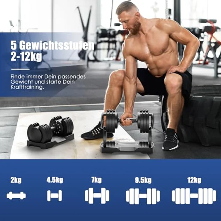 DH FitLife verstellbare Hanteln 2 x 12kg mit 5 Gewichtsstufen, Kurzhanteln Set, platzsparend, 2er Set – Bild 2