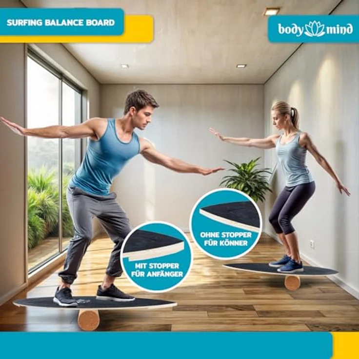 Body & Mind Balanceboard Wackelbrett für Physiotherapie und Surf-Training, Holz 78x30 cm mit Korkrolle, inkl. gratis E-Book – Bild 7