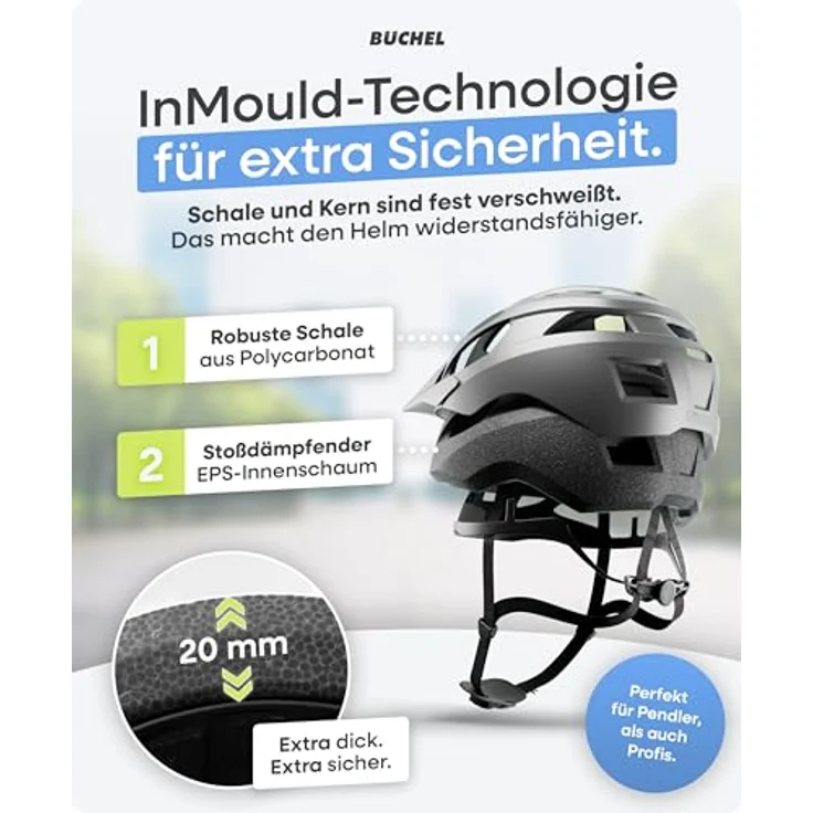 BÜCHEL Fahrradhelm mit In-Mould-Technologie, Cam Lock, Kinnpolsterung & Fliegennetz, Grau Matt, Größe L (58-61 cm) – Bild 5