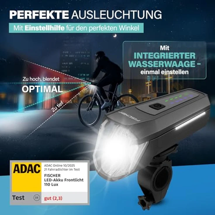 Fischer Fahrrad LED-Frontlicht 110 Lux, mit Sensormodus, Leuchtweiteneinstellung, bis zu 20 Stunden Leuchtdauer, schwarz – Bild 4