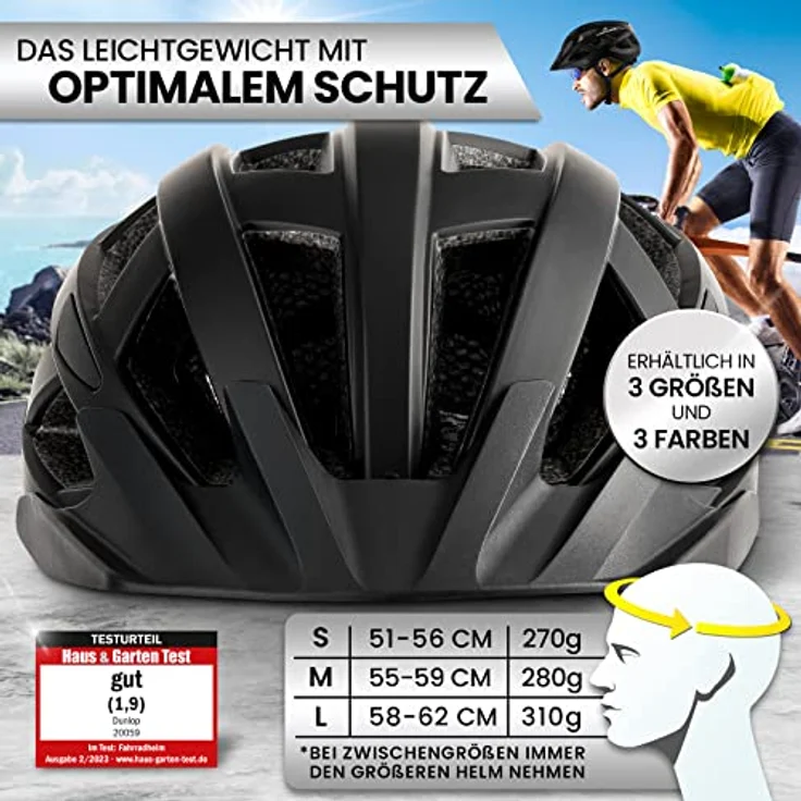 Dunlop Fahrradhelm mit Licht, ultraleichter Urban Helm für Damen, Herren und Kinder mit abnehmbarem Visier, Rücklicht und optimaler Belüftung, Schwarz, Gr. L – Bild 2