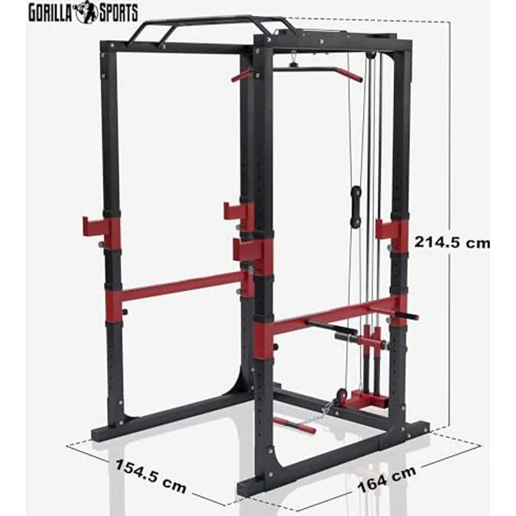 GORILLA SPORTS® Power Rack 154,5 x 164 x 214,5 cm, multifunktionale Kraftstation mit Klimmzugstange, Kabelzug und verstellbaren Hantelablagen, Stahl in Schwarz/Rot – Bild 3