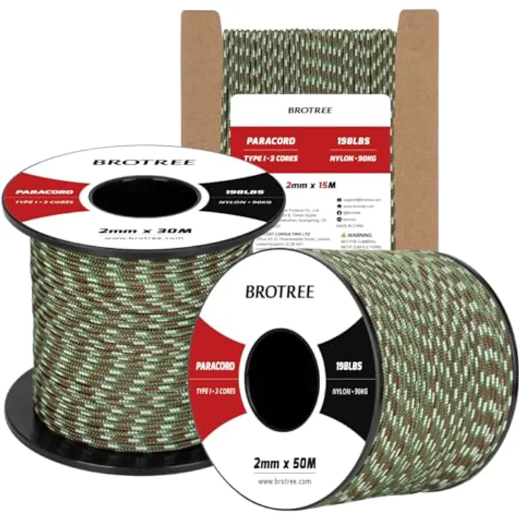 BROTREE Paracord 2mm 50M, 100% Nylon Seil mit 3 Kern Schnur, Bruchlast 90kg, Armee Grün Tarnung für Outdoor, Armband, Hundeleine