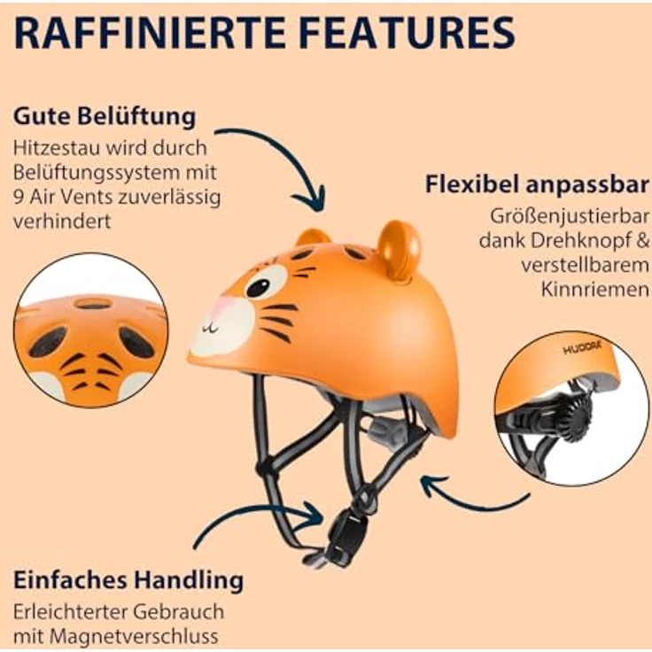 HUDORA Tiggy Kinderhelm, sicherer und bequemer Fahrradhelm in Orange, Größe XS (48-52 cm) für Kinder – Bild 3