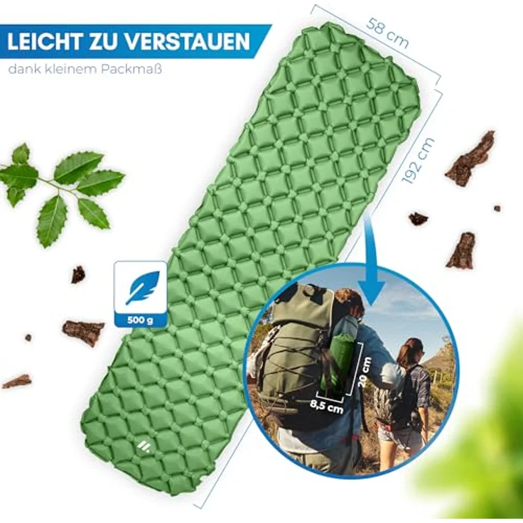 NORDMUT Isomatte Ultraleicht, aufblasbare Campingmatratze mit Reparaturset, wetterfest und kompaktem Packmaß, grün – Bild 5