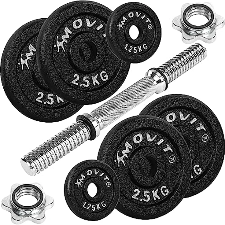 MOVIT® Kurzhantel PRO Set, Gusseisen Hantel, 1x 15kg, Stange 30mm Standardnorm, Griff gerändelt, Sternverschlüsse, Hantel Set Kurzhantelset Gewichte – Bild 2