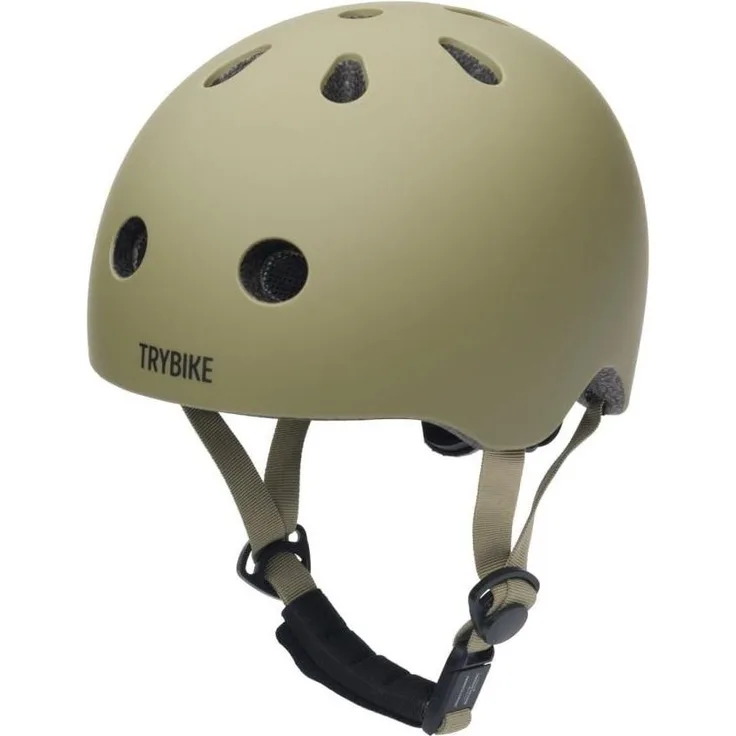 Trybike Retro-Helm, Velohelm für Kopfgrössen 45 - 51 cm, in mattem Vintage-Grün, leicht und verstellbar mit Kinnriemen und Einstellrad