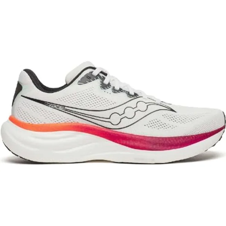 Saucony RIDE 19 Herren Laufschuhe, White/Crimson, Atmungsaktives Mesh, PWRRUN+ Zwischensohle, 8 mm Sprengung, optimal für Normalpronierer