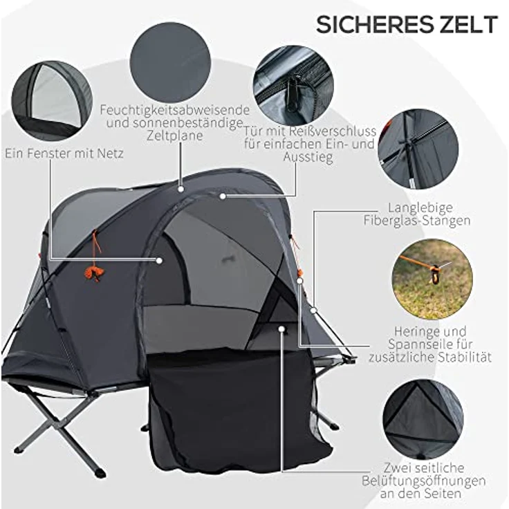 Outsunny Campingbett mit Zelt, erhöhtes Feldbett für 1 Person, Kuppelzelt mit selbstaufblasbarer Matratze und Tragetasche, grau, 200 x 86 x 147 cm – Bild 4
