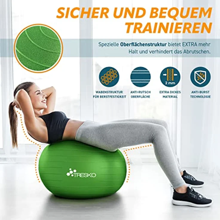 TRESKO Gymnastikball mit GRATIS Übungsposter inkl. Luftpumpe - Yogaball BPA-Frei | Sitzball Büro | Anti-Burst | 300 kg,Grün,55cm (für Körpergröße unter 155cm) – Bild 4