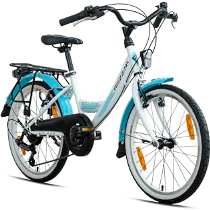 Rezzak 20 Zoll Mädchenfahrrad, 7 Gang City Bike mit Höhenverstellbarer Sattelstütze, Gepäckträger und LED-Lichtern