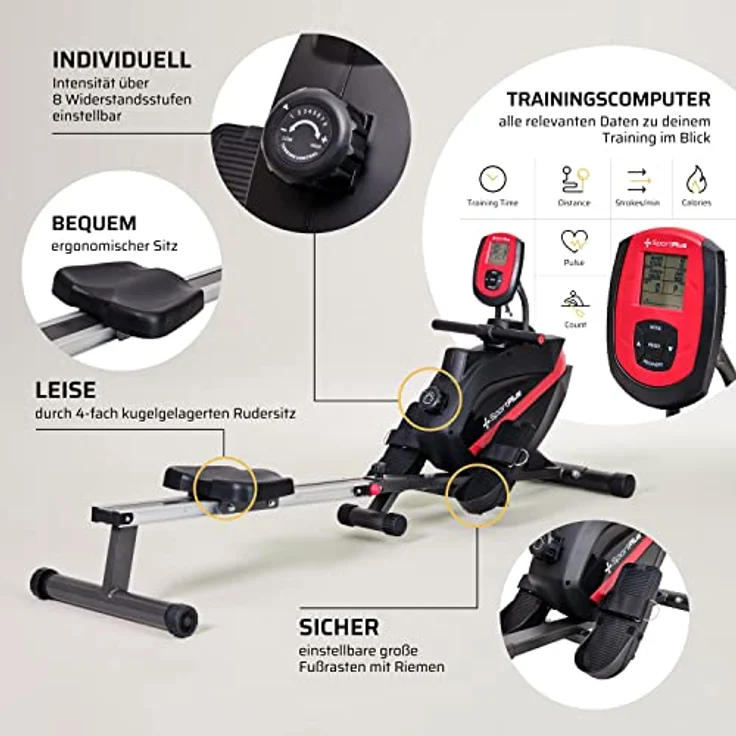 SportPlus| Rudergerät für zuhause| Designed in Germany, klappbar, leises Magnetbremssystem, 8 Widerstandsstufen, Schwungmasse 8kg – Bild 3