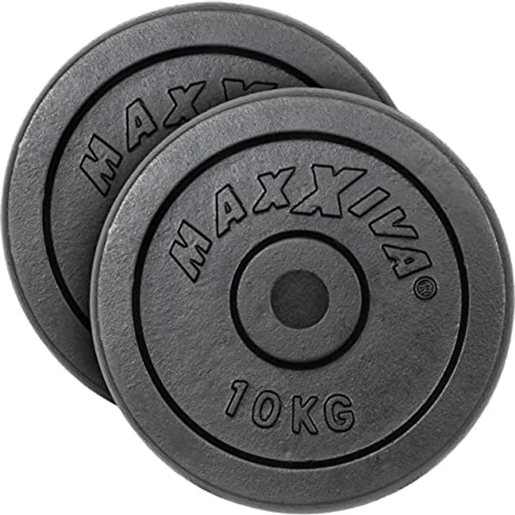 MAXXIVA Hantelscheiben 2er Set Gewichtsplatte je 10 kg 100% Gusseisen schwarz 20 kg Fitness Krafttraining Bodybuilding Workout Gewichtheben Reha