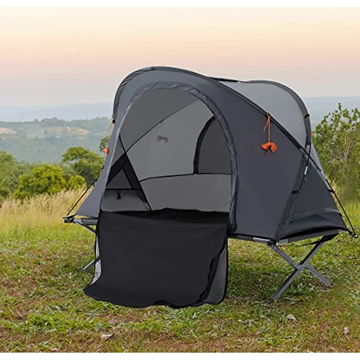 Outsunny Campingbett mit Zelt, erhöhtes Feldbett für 1 Person, Kuppelzelt mit selbstaufblasbarer Matratze und Tragetasche, grau, 200 x 86 x 147 cm – Bild 2