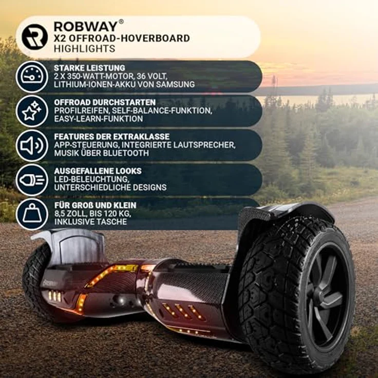 Robway X2 Hoverboard, Das Original, 2 x 350 Watt Motoren, APP Steuerung, Self-Balance, Bluetooth, schwarz matt, Offroad, 15 km/h, 20 km Reichweite – Bild 3