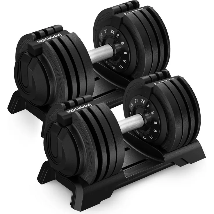 Sportstech Ironmate 24, Verstellbare Kurzhantel bis 24 kg mit Anti-Rutschgriff und integrierter Ablage, platzsparendes Design