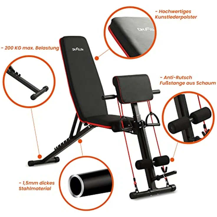 DH FitLife Hantelbank klappbar mit Curlbank & Beinstrecker | Weight Bench 7 Stufen verstellbar, Schwarz – Bild 5
