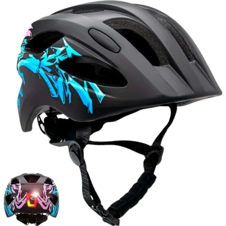 Crazy Safety Casque vélo Enfant Cool Graffiti, verstellbarer Kinderfahrradhelm in Schwarz und Blau mit USB wiederaufladbarem LED-Licht und 15 Lüftungslöchern für Radfahren, Skateboard und Roller, geeignet für 6-12 Jahre – Bild 1