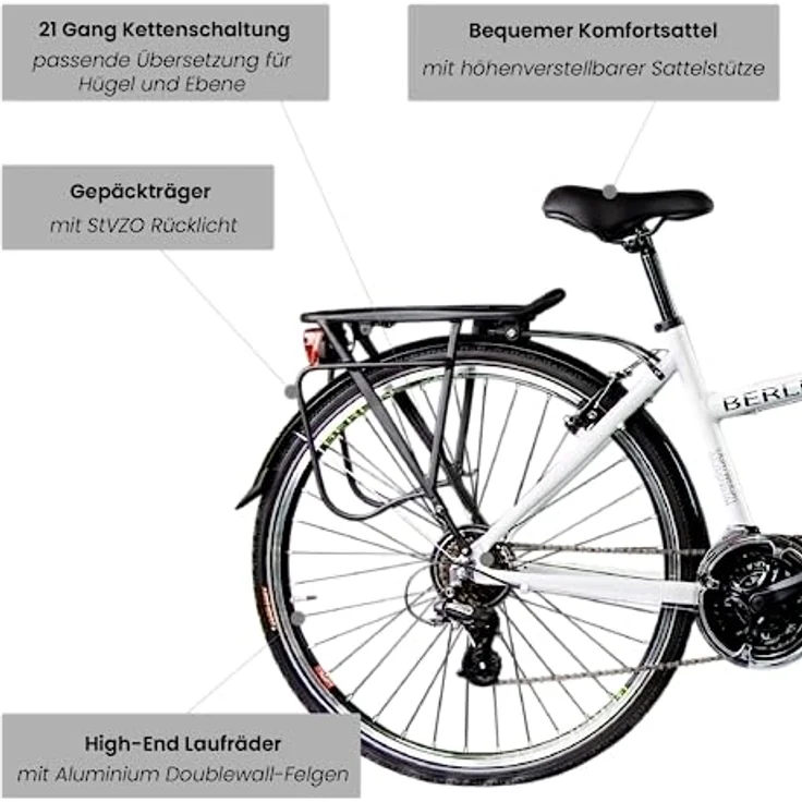 Galano Tandem Fahrrad 700c Berlin 28 Zoll Trekkingrad 21 Gang Touring (weiß, 51/46 cm) - Elegant, ideal für Urban Biking, mit StVZO Beleuchtung und Gepäckträger – Bild 5