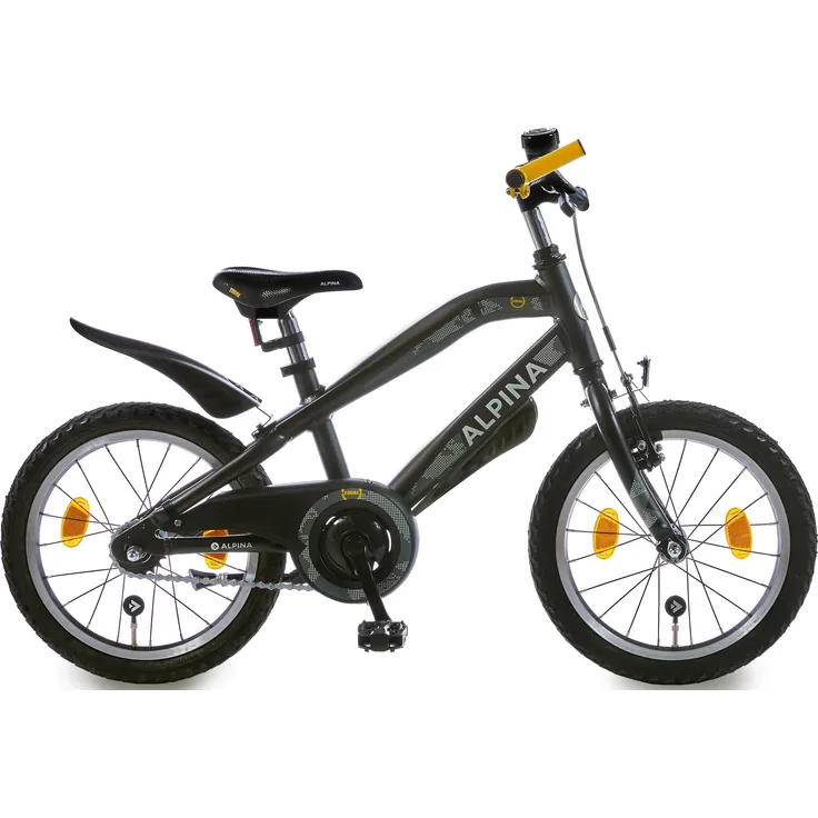 Alpina Trial Kinderfahrrad, 16 Zoll Fixed-Gear, Aluminium, Schwarz, mit Reflektoren und Kettenschutz