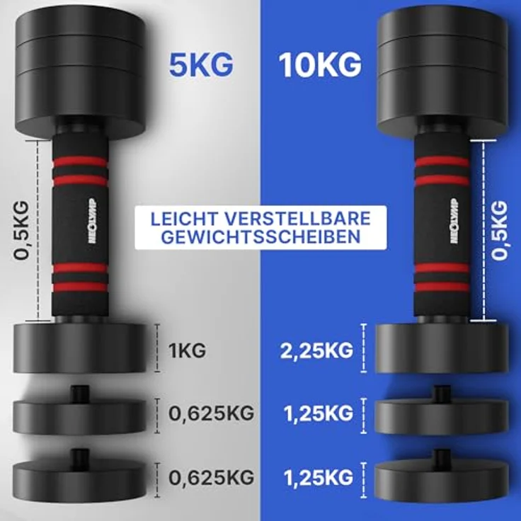 NEOLYMP 2er Set verstellbare Kurzhanteln 3-10 kg, aus massivem Stahl mit rutschfestem Schaumstoffgriff, platzsparendes Hantelset – Bild 3