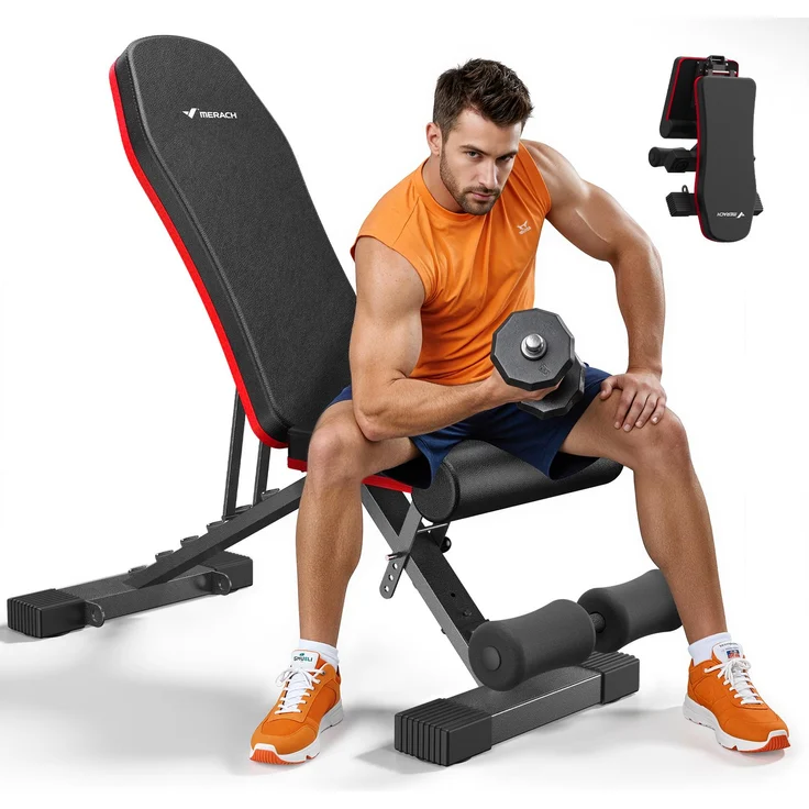 Merach Hantelbank klappbar, 450 kg belastbar, 6-fach verstellbare Rückenlehne, integrierter Beinstrecker, platzsparend fürs Home Gym