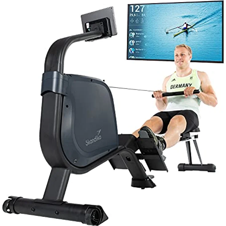 Skandika Rudergerät Njord | Ruderergometer mit 16 Stufen, klappbar, Studioqualität, 8 kg Schwungmassensystem, max. 180 kg, Lange Laufschiene, Kinomap, Bluetooth, | Fitnessgerät für Zuhause – Bild 1