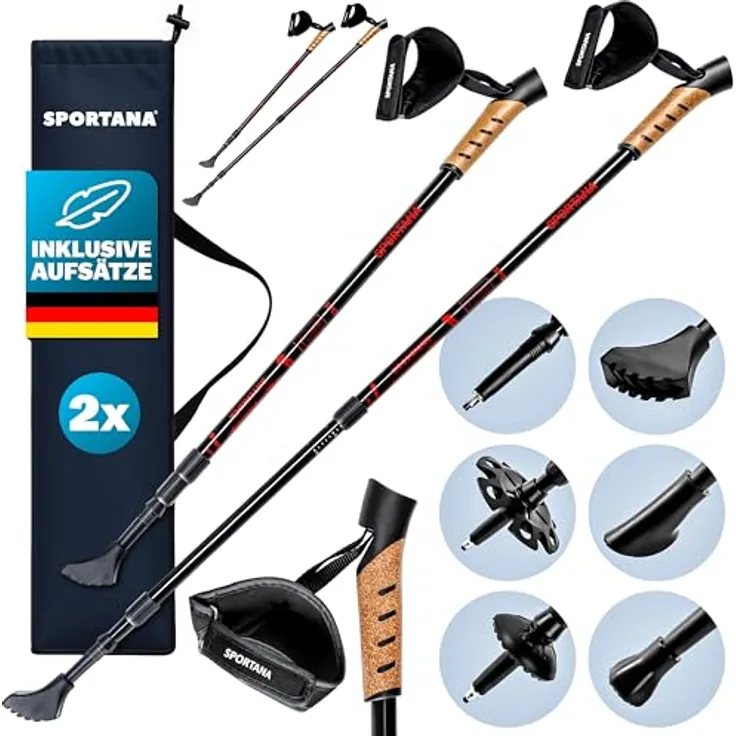 SPORTANA® 2er Set Teleskop Wanderstöcke, 68-135cm verstellbar, Anti-Shock, mit Gummipuffer & Tasche, leicht, für Herren und Damen, in Rot, Orange oder Grau