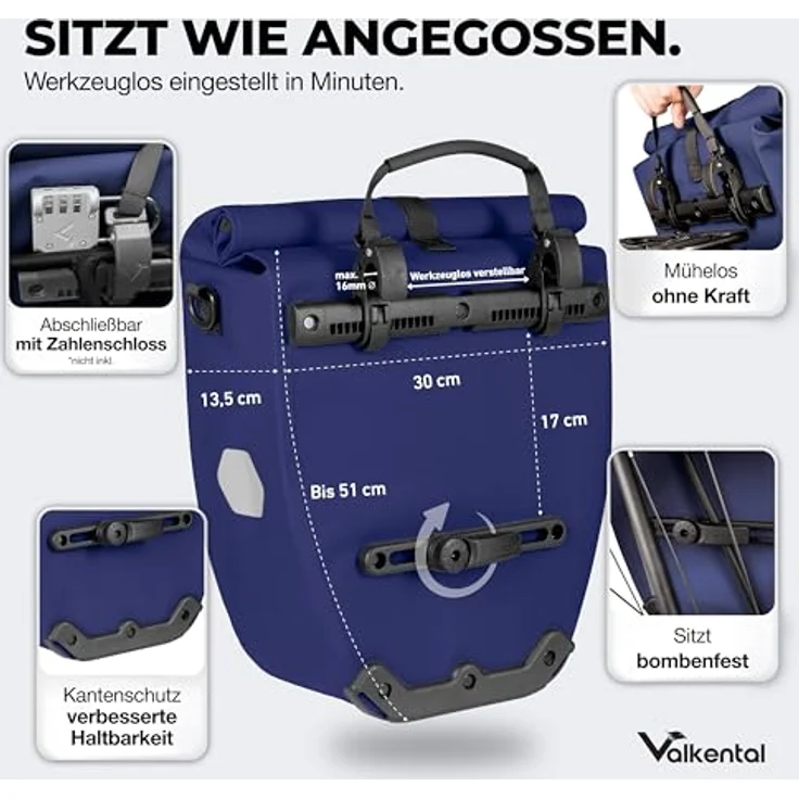 Valkental® Gepäckträgertasche ValkBasic, wasserdicht, 18-22L Volumen, abschließbar, mit reflektierenden Elementen, bombenfester Sitz, langlebig – Bild 2