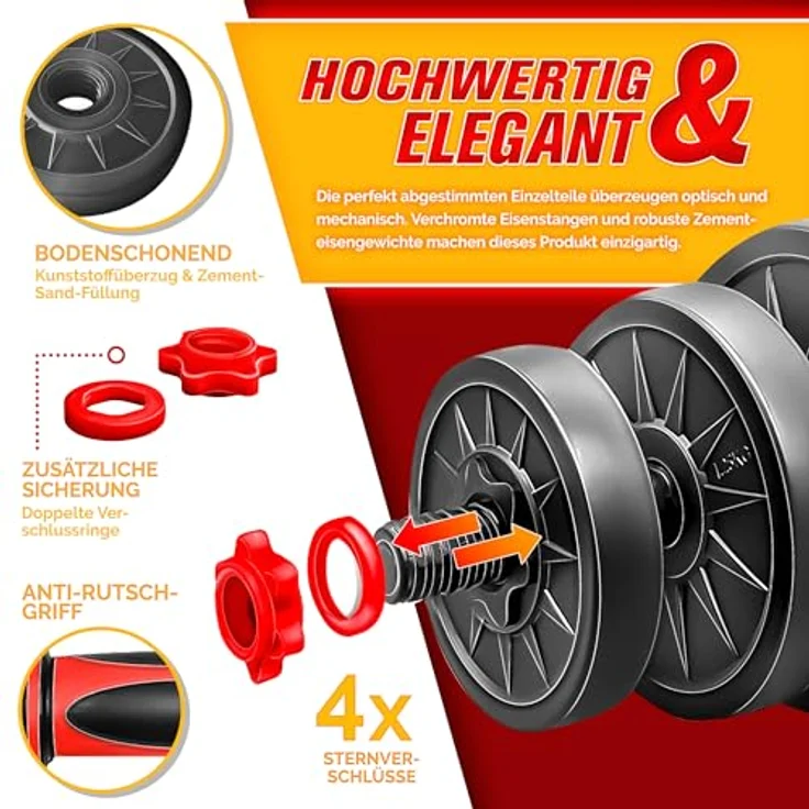 RE:SPORT 2 in 1 Hanteln Set 15-30kg, verstellbar mit Kurzhantel & Langhantel Funktion, inkl. Sicherheitsverschlüsse und Verbindungsrohr (40 kg) – Bild 3