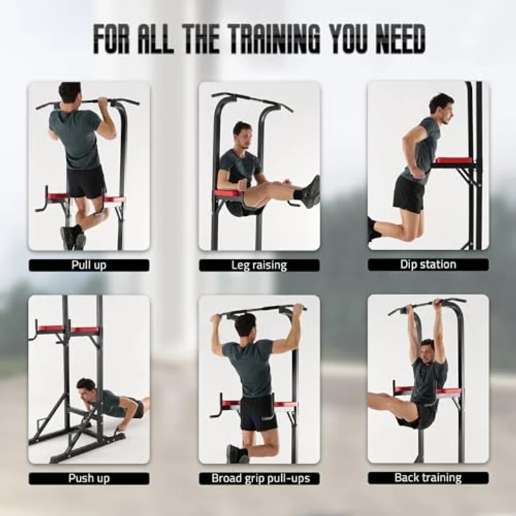 ISE Klimmzugstange Freistehend Kraftturm Multifunktional, Power Tower Dip Station Kraftstation für zuhause Klimmzugstation mit Liegestützgriffe für pull up und dip, Max.120 KG – Bild 5