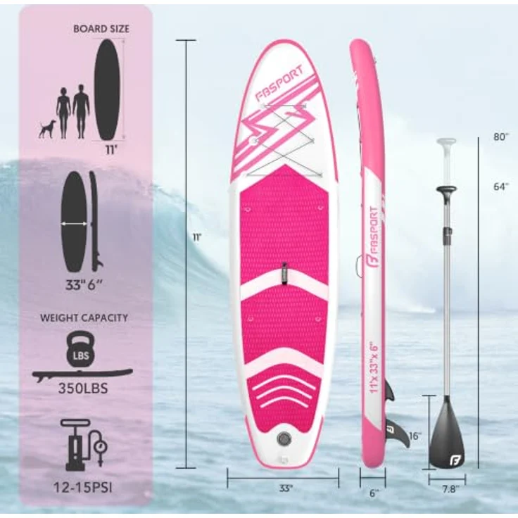 FBSPORT Aufblasbares SUP Board, Stand Up Paddling Board, 15CM dick, pink, inkl. verstellbarem Aluminium SUP Paddel und Pumpe – Bild 2