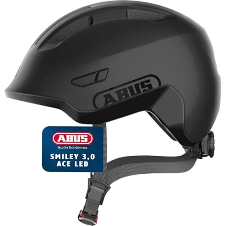 ABUS Smiley 3.0 ACE LED, Kinder Fahrradhelm mit Licht, tiefe Passform, Platz für Zopf, Schwarz, Größe S