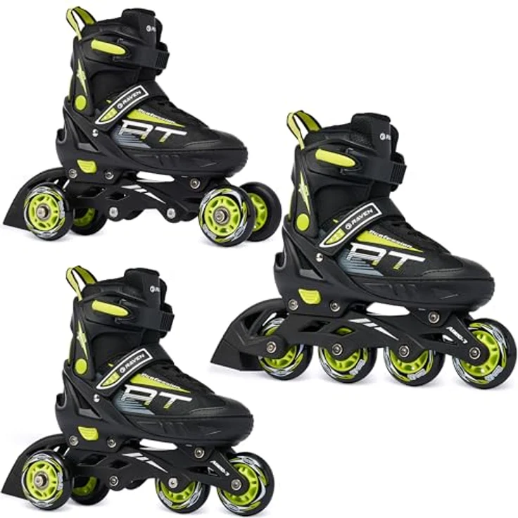 RAVEN Profession 3in1 Inlineskates Triskates Rollschuhe für Kinder und Erwachsene, verstellbar, Black/Lime, Größe 38-42 (25cm-27,5cm), mit Triple-Vent-System und Shock-Absorbing-System – Bild 1