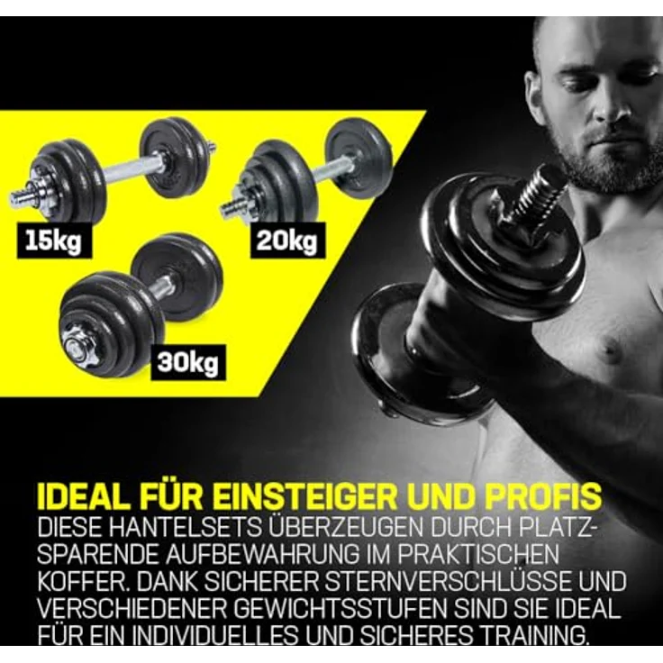 SPORTINATOR® "Machine" Hantel Set, 2-in-1 Kurzhantel und Hantelset (15–40 kg) mit Koffer aus Gusseisen & Stahl, für effektives Ganzkörpertraining zu Hause oder unterwegs (20 kg) – Bild 4