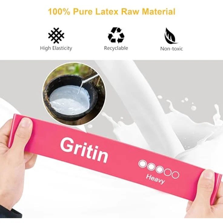 Gritin Theraband [5er Set], Fitnessband Resistance, 100% Latex, 5 verschiedene Widerstände, inkl. deutscher Übungsanleitung & Tragebeutel, ideal für Muskelaufbau, Yoga, Pilates, Physiotherapie – Bild 3