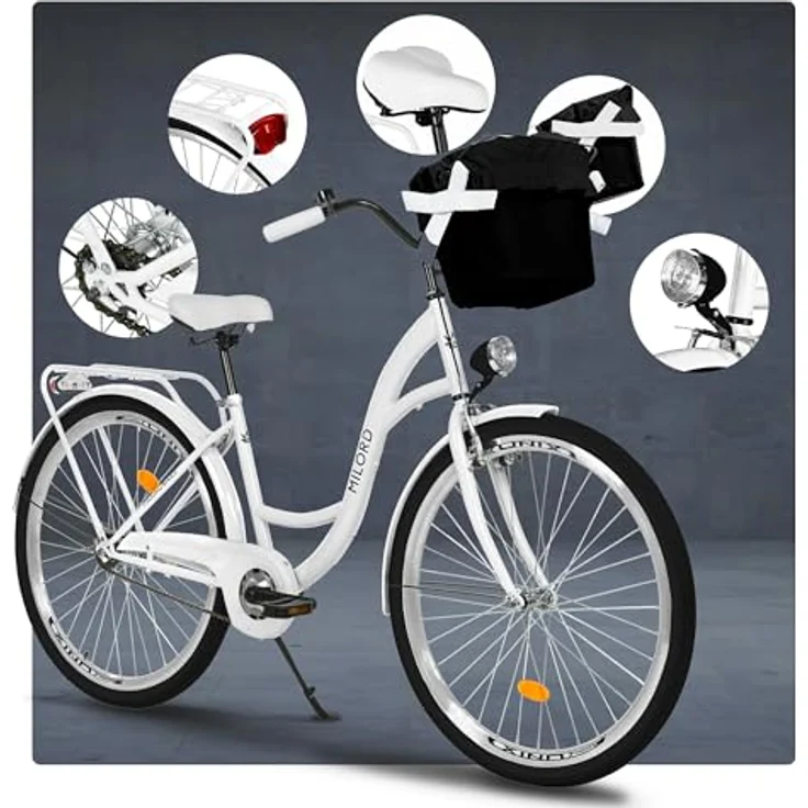 Milordbikes City-Fahrrad, Weiß, Metall, 46 cm, Aluminiumfelgen, leichte City-Reifen 700C x 35 mm, vormontiert mit Pedalen und Werkzeugen – Bild 7