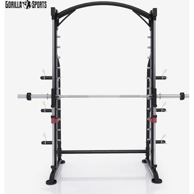 GORILLA SPORTS® Power Rack - inkl. Langhantelstange, bis 300 kg belastbar, 6 Hantelscheibenablagen, Stahlkonstruktion, Schwarz - Multipresse, Kraftstation, Smith Machine, Power Cage, Squat Rack – Bild 2