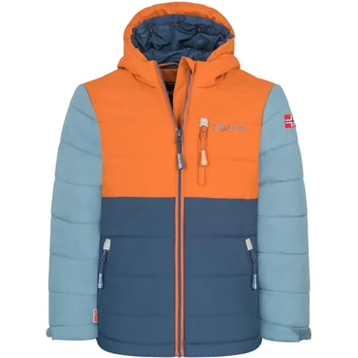 TROLLKIDS Hemsedal Kinder Skijacke XT, wasserabweisend, winddicht, mit Kapuze, 2 Taschen, cinnamon/mystic blue/steel blue, Größe 116 – Bild 1