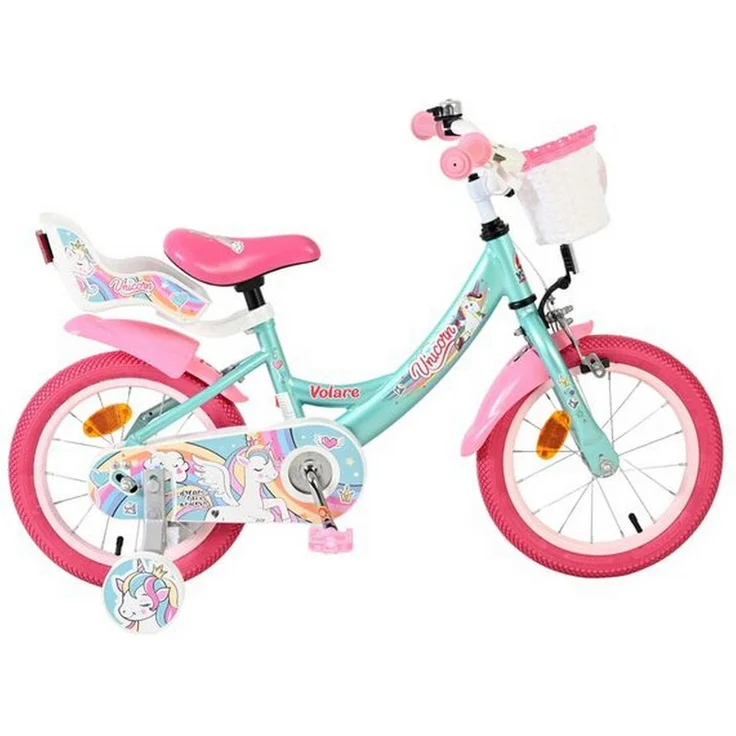 Volare Unicorn Kinderfahrrad Mädchen 14 Zoll Grün, Einhorn-Design mit Rücktrittbremse, verstellbarem Sattel (Sattelhöhe 45,5–52,5 cm) und Lenker