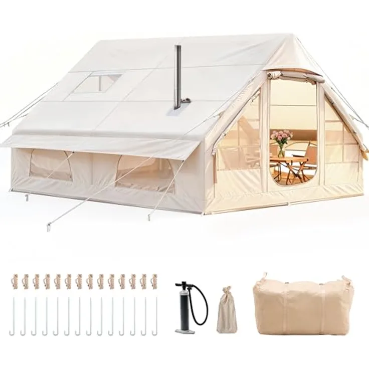 Afitdon Aufblasbares Campingzelt mit Kaminöffnung und Dachfenster, für 2-10 Personen, wasserdichter Oxford-Stoff, schnelles Aufblasen in 5 Minuten mit Luftpumpe