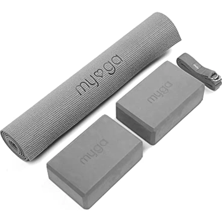 Myga Yoga Starter-Set, Yogamatte, 2 Yoga-Blöcke und Yogagurt mit Metall-D-Ring, grau – Bild 1
