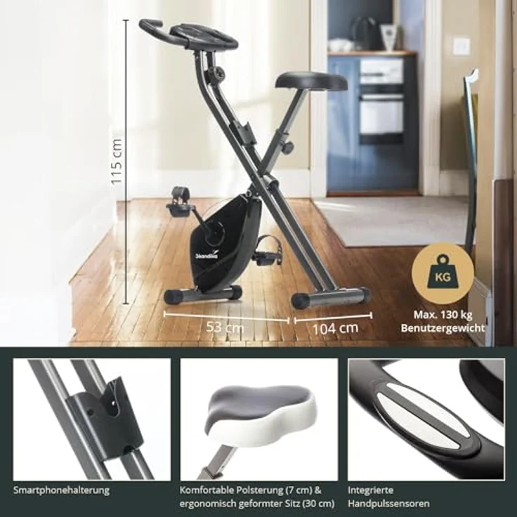 Skandika Foldaway X-1000 Fitnessbike Heimtrainer x-Bike klappbar mit Handpuls-Sensoren, 8-stufiger Magnetwiderstand, LCD Display, 130 Kg max. Gewichtsbelastung (schwarz) – Bild 4
