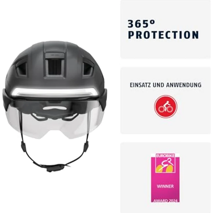 ABUS Fahrradhelm HYP-E B.LACE, mit Front-, Rück- und Blinklicht sowie kabellosem Bremslicht, Visier und Ohrenschützern, für Fahrrad, E-Bike und S-Pedelec, Grau, Größe L (57-61 cm) – Bild 2